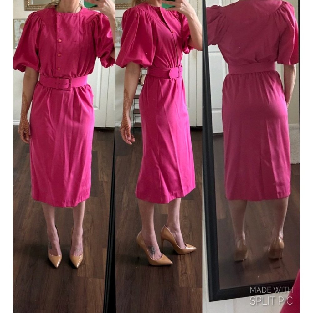 Sabino 1980s vintage hot pink half puff sleeve midi sheath pencil dress